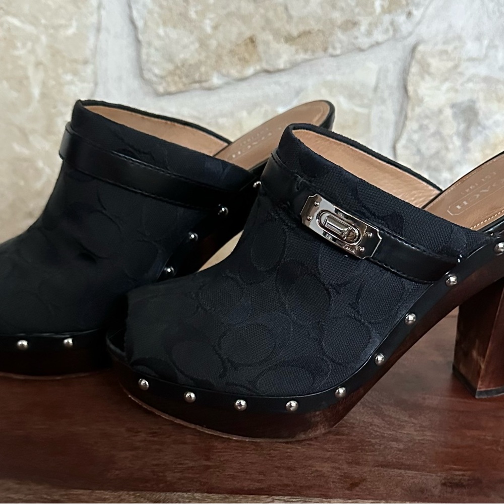 Coach Black C Fabric Open Toe Mules wooden heel Size 8 1/2